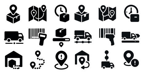 Collection of icons for various transportation and delivery services. The icons include a truck, a box, a barcode, a scanner, a building, and a person. The icons are all black and white