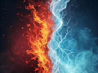 Abstract fire and ice symbol clashing in a symmetrical vertical split design

