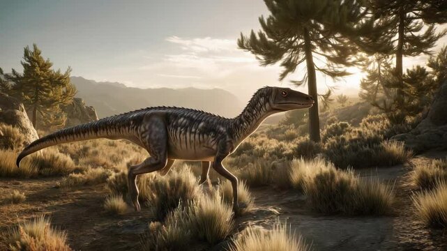 Velociraptor chasing prehistoric extinct dinosaur 