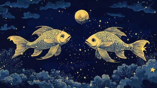 Two gold fish in a starry night sky