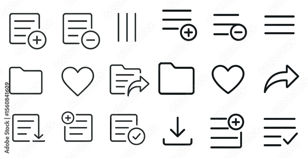 Poster set of icons for a computer program. the icons include a heart, a plus sign, a minus sign, a check m