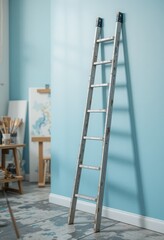 Clean metal ladder resting against pastel blue wall in bright art studio with soft diffuse light and airy creative atmosphere Generative AI