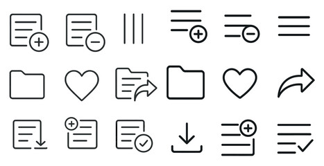 Set of icons for a computer program. The icons include a heart, a plus sign, a minus sign, a check mark, a down arrow, a file folder, a download arrow, and a share arrow