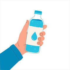 Hand holding a water bottle with a drop symbol. Flat illustration promoting hydration and healthy lifestyle. Perfect for fitness, wellness, and clean water concepts.

