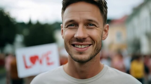 Young man smiling at peaceful protest rally with love sign background