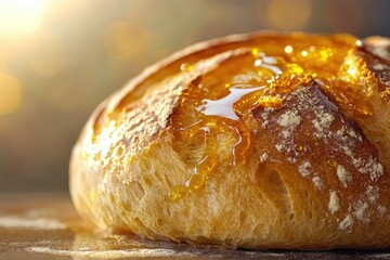 Golden honey drizzled over a rustic loaf of freshly baked bread, warm and inviting.
