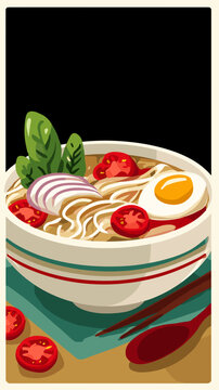 Ramen bowl with noodles, egg, tomatoes, and spinach on table  