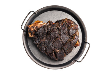 Slow cooked venison roast leg. Braised game meat of deer with bone isolated on white background....