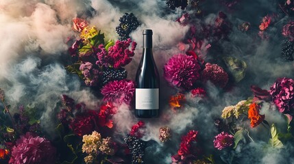 Colorful floral arrangement featuring wine bottle amidst mist on a dark surface