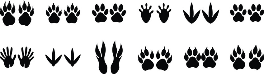 Animal paw print tracks silhouette vector set - wildlife hoof footprint icons for rustic outdoor hunting nature decor design