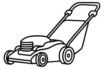 Line Drawing of Lawn Mower with Handle, Wheels, and Motor Casing Design