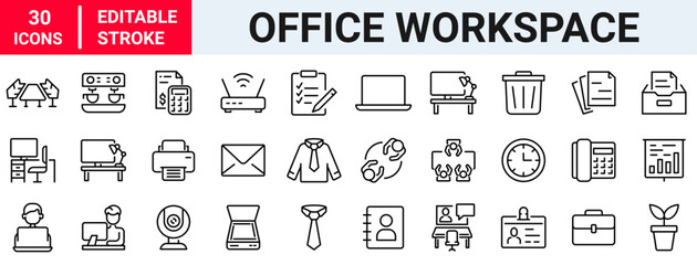 Office workspace web line icons. Office and coworking icons for web and mobile app. Office, remote working, meeting, co-worker, workspace, desk, computer, business icons and more