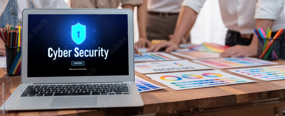 Poster Cyber security system on computer screen protect private information brisk from hacker and cyber attack