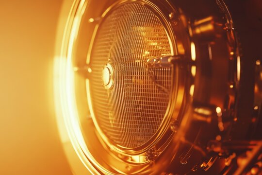 Fototapeta Close-up of a vintage car's golden headlight, showcasing intricate details and warm lighting.
