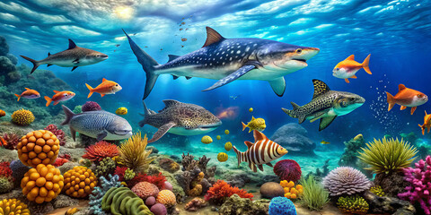 Fototapeta premium A lively underwater world filled with various fish, including sharks and colorful species, swimming around a rich coral reef. Sunlight filters through the water, illuminating the scene