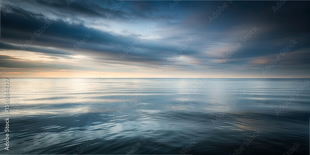 Poster soft waves gently ripple across a tranquil ocean surface as dusk approaches, with dark clouds creati
