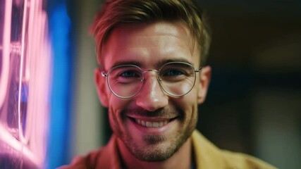 Smiling man in glasses by neon lights in evening urban scene - Powered by Adobe