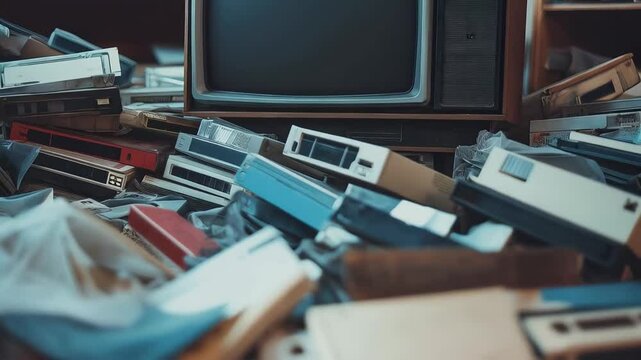 Vintage television set amidst a chaotic pile of VHS tapes in a cluttered room, evoking nostalgia for obsolete technology