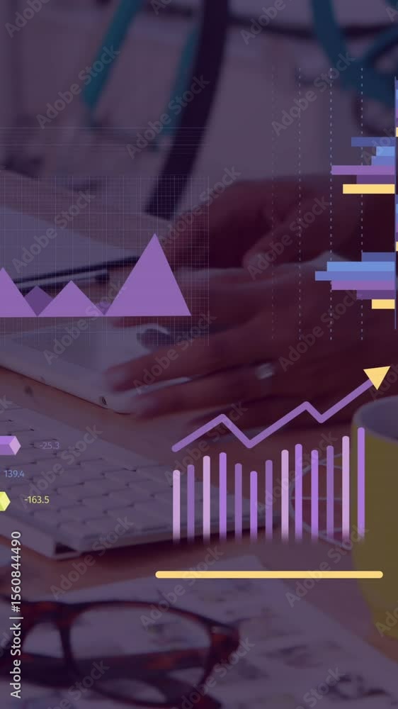 Poster animation of statistics and financial data processing over businesswoman using computer