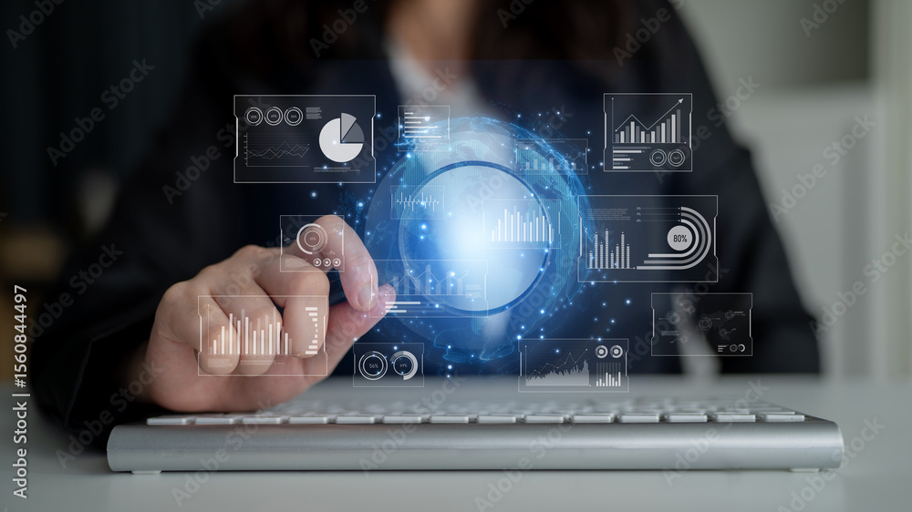 Poster real-time global data analytics dashboard visualizing insights from interconnected systems for decis