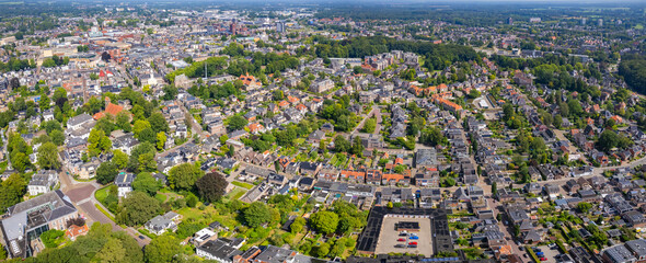 An panorama Aerial view of the old town of the  city Assen in the Netherlands on a sunny day in summer.	
