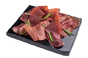 Cured cecina meat slices, spanish meat jerky isolated on white background. top view