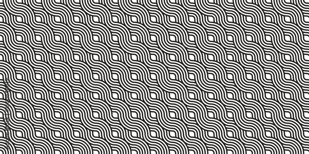 Poster seamless pattern composed of distorted black and white lines arranged in a geometric maze – optical 