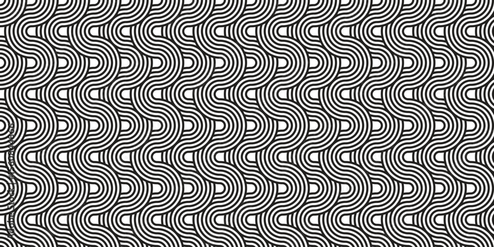 Poster seamless pattern with complex twisted line formations and geometric striping, black and white vector
