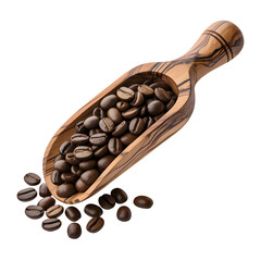 Obraz premium Fresh roasted coffee beans spill from a wooden scoop, isolated on a white background, perfect for illustrating coffee products.