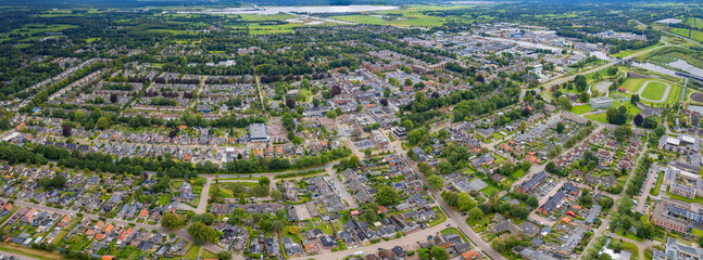 An panorama Aerial view of the old town of the  city Burgum in the Netherlands on a sunny day in summer.	