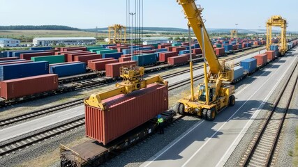 Yellow crane lifting a red container onto a train at a large railway cargo logistics terminal during daytime footage. - Powered by Adobe
