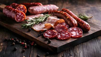 Various kind types of salami, speck and sausages on a wooden table