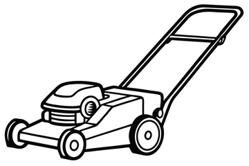 Outline Illustration of Lawn Mower with Handle and Wheels in Black and White