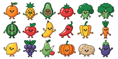 Cheerful cartoon fruits and vegetables collection orange pineapple