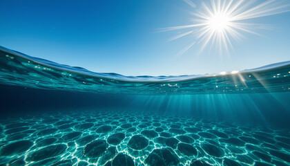 Sunlight filters through the calm water, creating a beautiful play of light and ripples on the ocean floor. The clear blue water invites exploration and relaxation