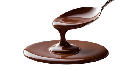 Smooth liquid chocolate dripping from a spoon onto a glossy puddle against a white background

