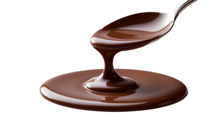 Smooth liquid chocolate dripping from a spoon onto a glossy puddle against a white background
