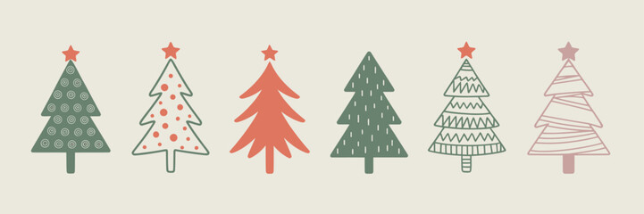 Six stylized evergreen trees with festive decorations christmas trees