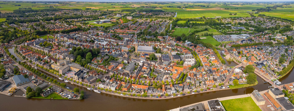 An panorama Aerial view of the old town of the city Franeker in the Netherlands on a sunny morning in summer