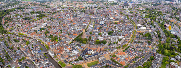 An panorama Aerial view of the old town of the city Groningen in the Netherlands on a sunny morning in summer