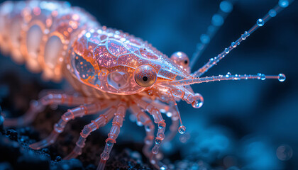 A translucent shrimp with sparkling colors crawls along the seabed. Sunlight filters through the water, illuminating its delicate features and creating a stunning underwater view