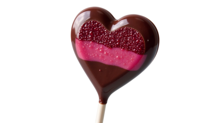 Delicious heart-shaped chocolate lollipop with pink filling against a white background
