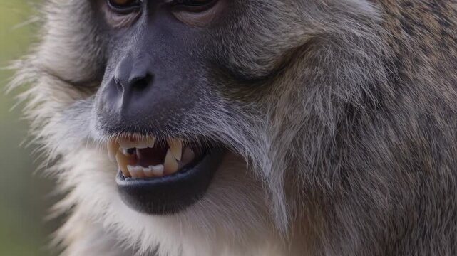 Macaque monkey displaying dominant behavior, exposing sharp canines with menacing facial expression, signaling potential aggression
