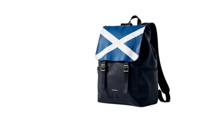 Stylish black backpack featuring a Scottish flag design on the flap against a white background