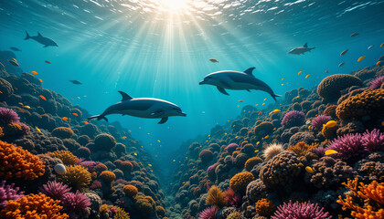 Fototapeta premium Two dolphins glide through a colorful coral reef, surrounded by an abundance of marine life and illuminated by beams of sunlight filtering from above, creating a serene underwater paradise