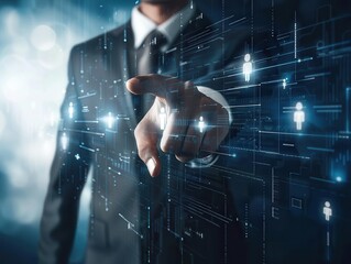 Futuristic Digital Interface with Businessman Touching Virtual Screen