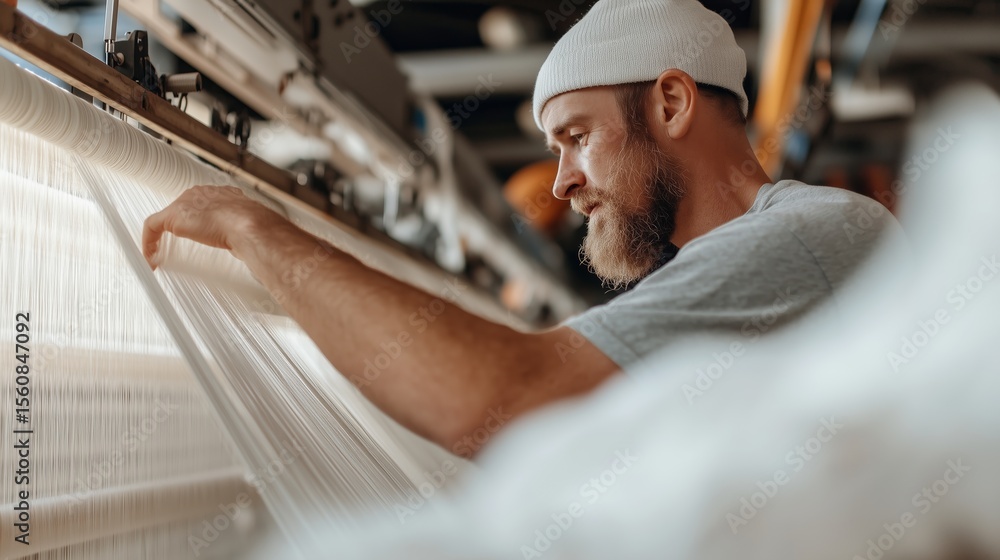 Poster skilled worker operating weaving machine in textile factory during daylight hours