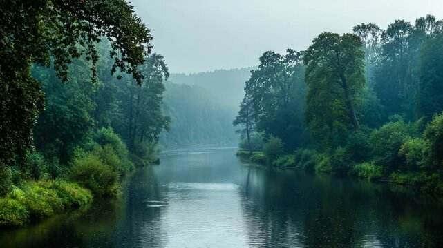 A misty river flows through a verdant, tree-lined valley. Overhanging branches frame the still water reflecting the sky. The far side is hidden