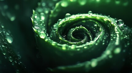 Spiral aloe Vera plant with fresh water droplets, close-up macro view