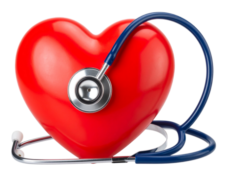 Red heart shape exercise ball with doctor physician's stethoscope isolated transparent background.